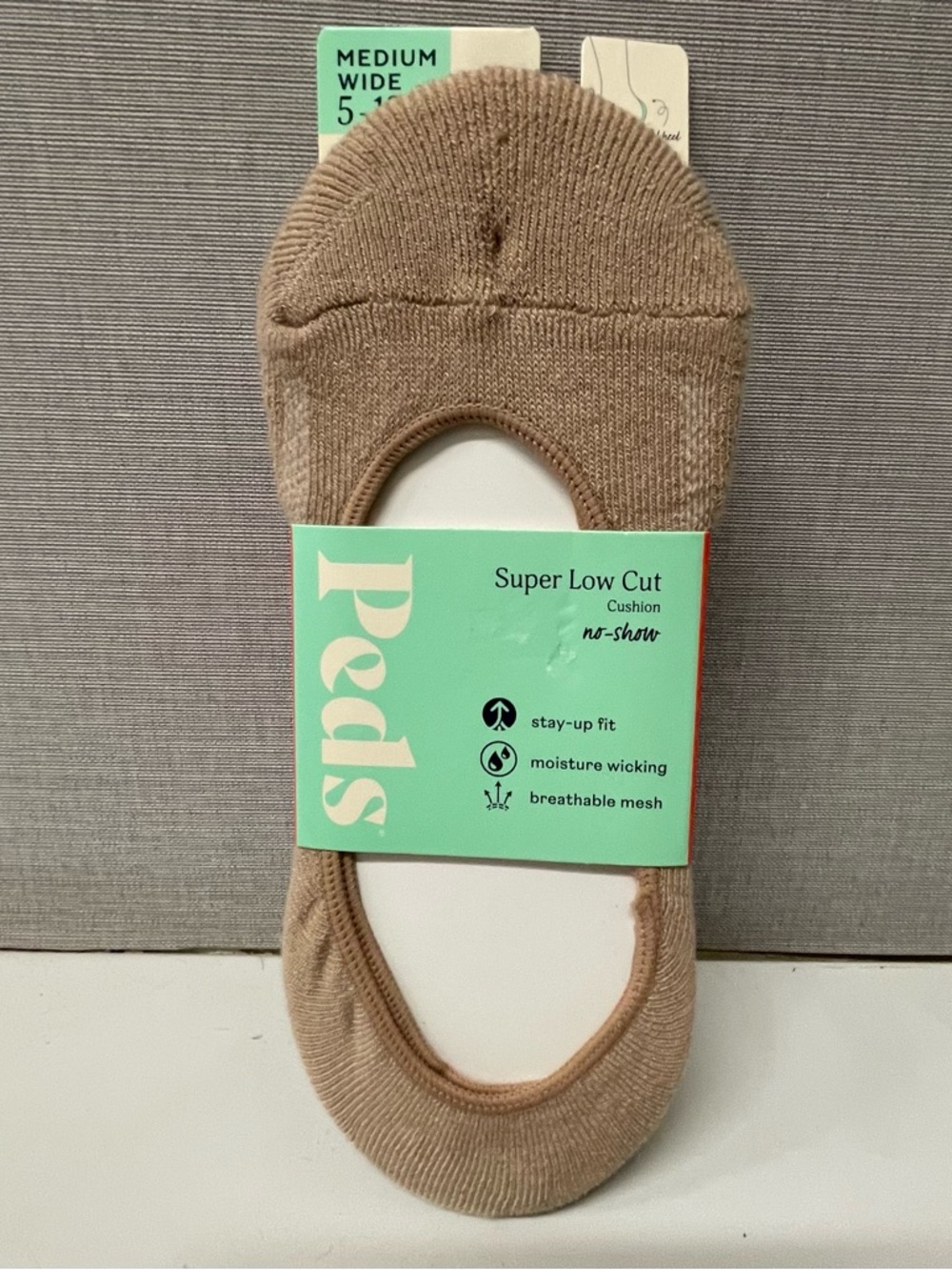 Peds Super Low Cut Cushion No-Show Socks-Gel Heel Grip 3-Pair- Beige - Sz- 5-10